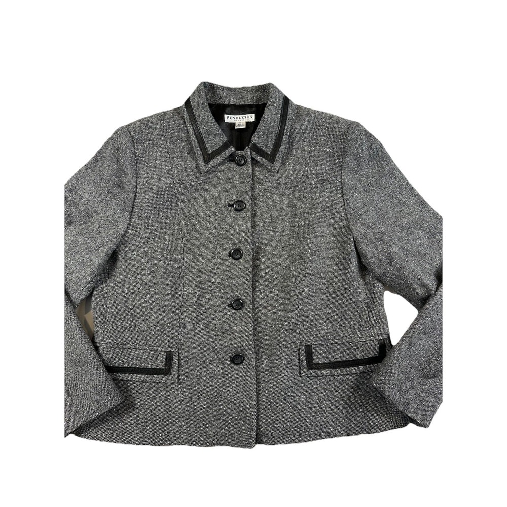 Pendleton Blazer Gray Tweed Wool Silk Leather Jacket Women's Button Size 14P